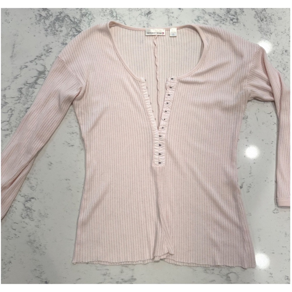 Vintage Victorias Secret Pink Pointelle Knit Hook Eye Long Sleeve XS V-Neck‎ top